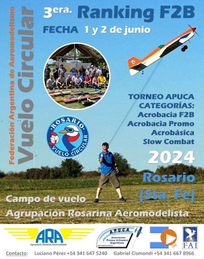 3° Fecha Ranking F2B – 3° Torneo APUCA Vuelo Circular – ASOCIACIÓN CIVIL AGRUPACIÓN ROSARINA AEROMODELISTA – Rosario – Sta. Fe – 01 y 02/06/2024